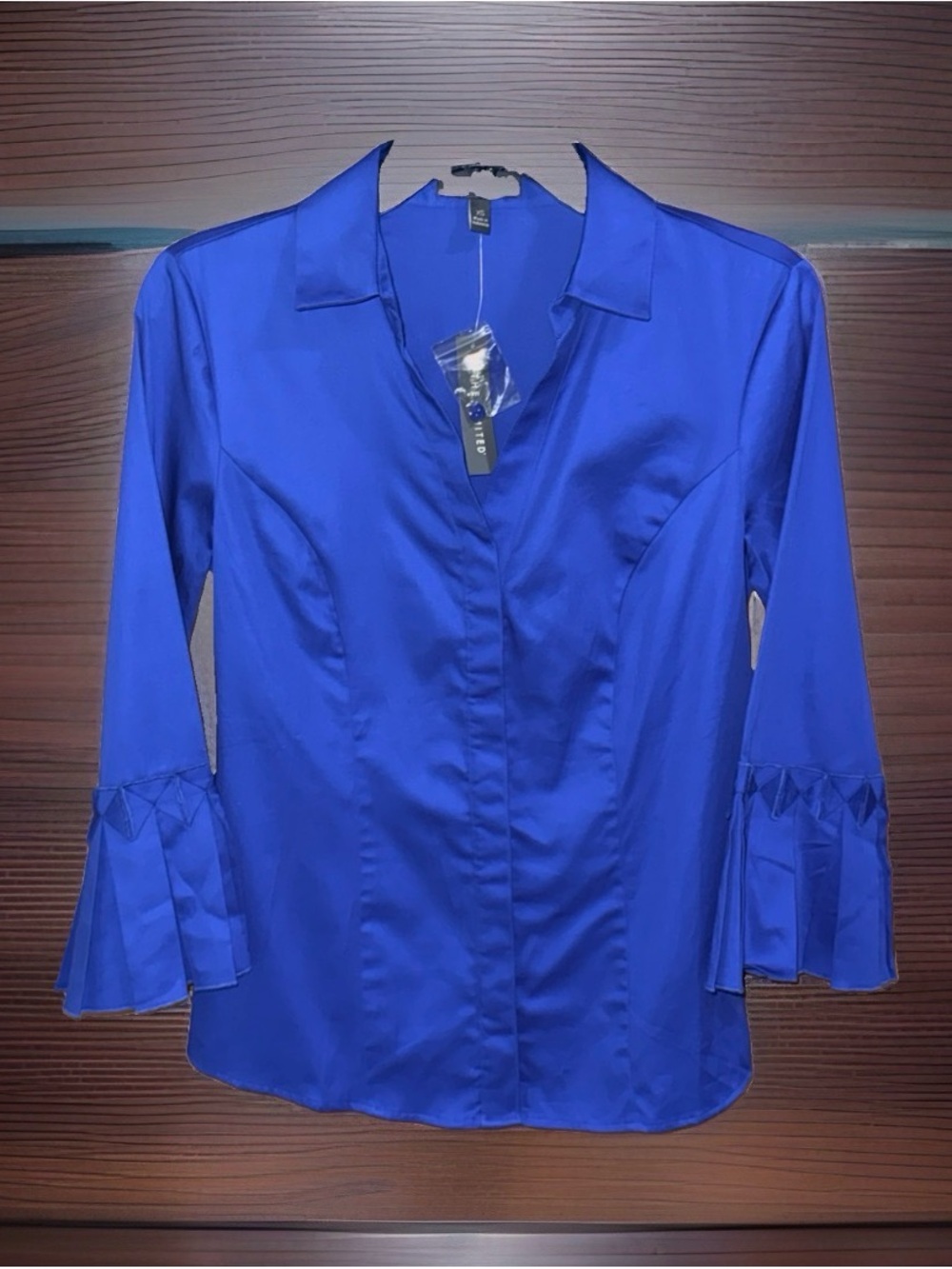 NWT The Limited Ocean Blue Button-Down Blouse w/Pleated Flared Trim Sleeves-XS